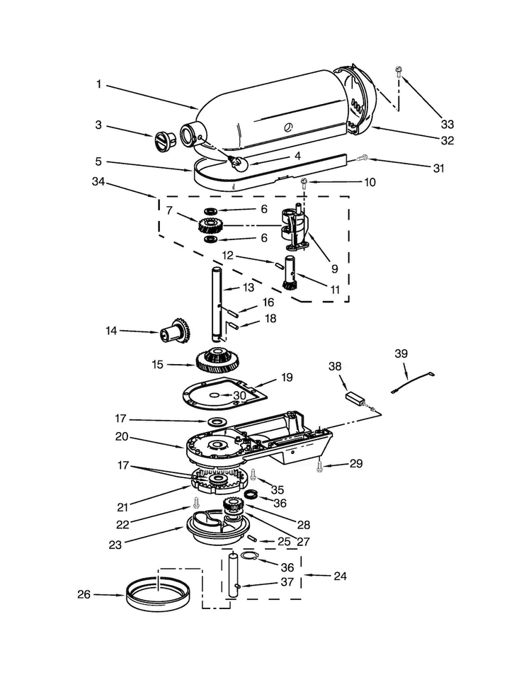 Case, Gearing And Planetary Unit Diagram and Parts List for 5KPM5BER4  KitchenAid Mixer
