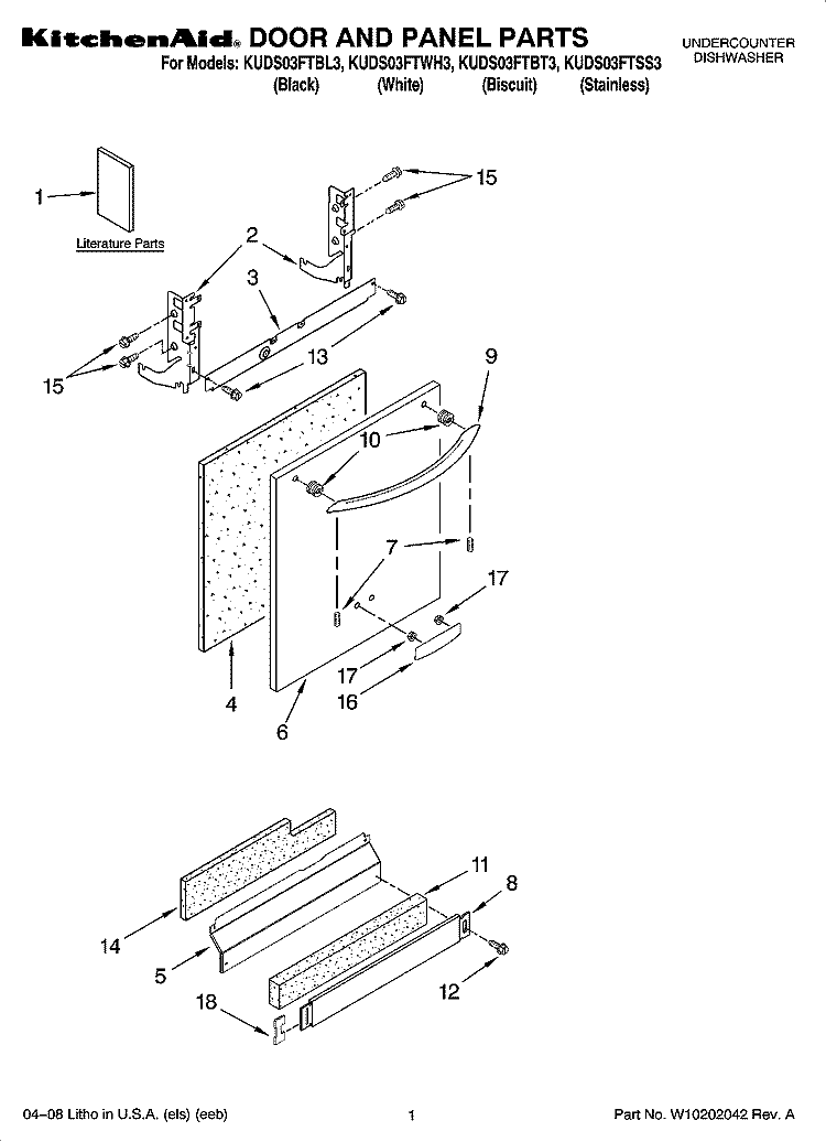 DOOR AND PANEL PARTS Diagram and Parts List for KUDS03FTSS3  KitchenAid Dishwasher
