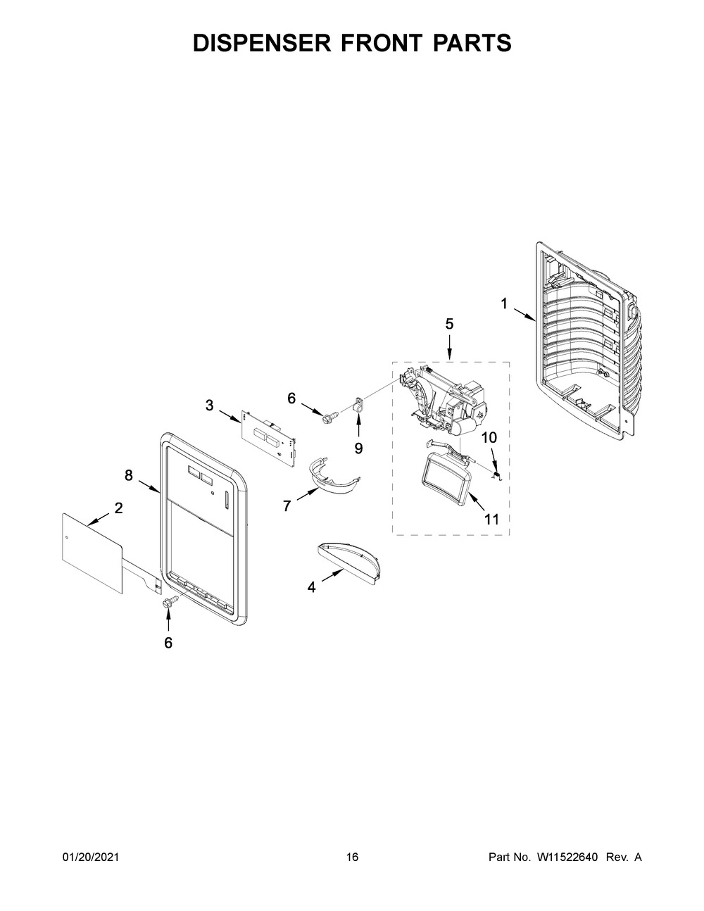 Dispenser Front Parts Diagram and Parts List for WRF550CDHZ04  Whirlpool Refrigerator