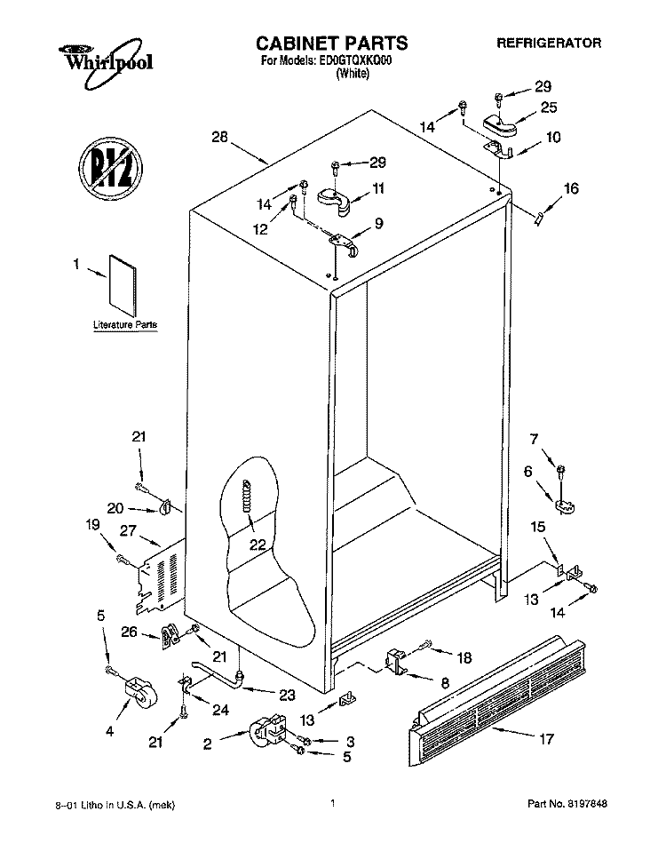 CABINET, LITERATURE Diagram and Parts List for ED0GTQXKQ00  Whirlpool Refrigerator
