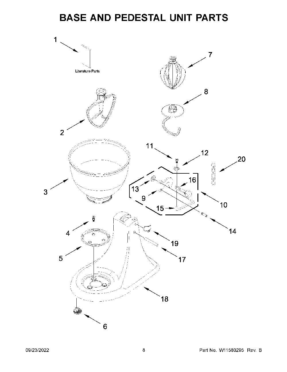 Base And Pedestal Unit Parts Diagram and Parts List for 5K45SSWWH0  KitchenAid Mixer
