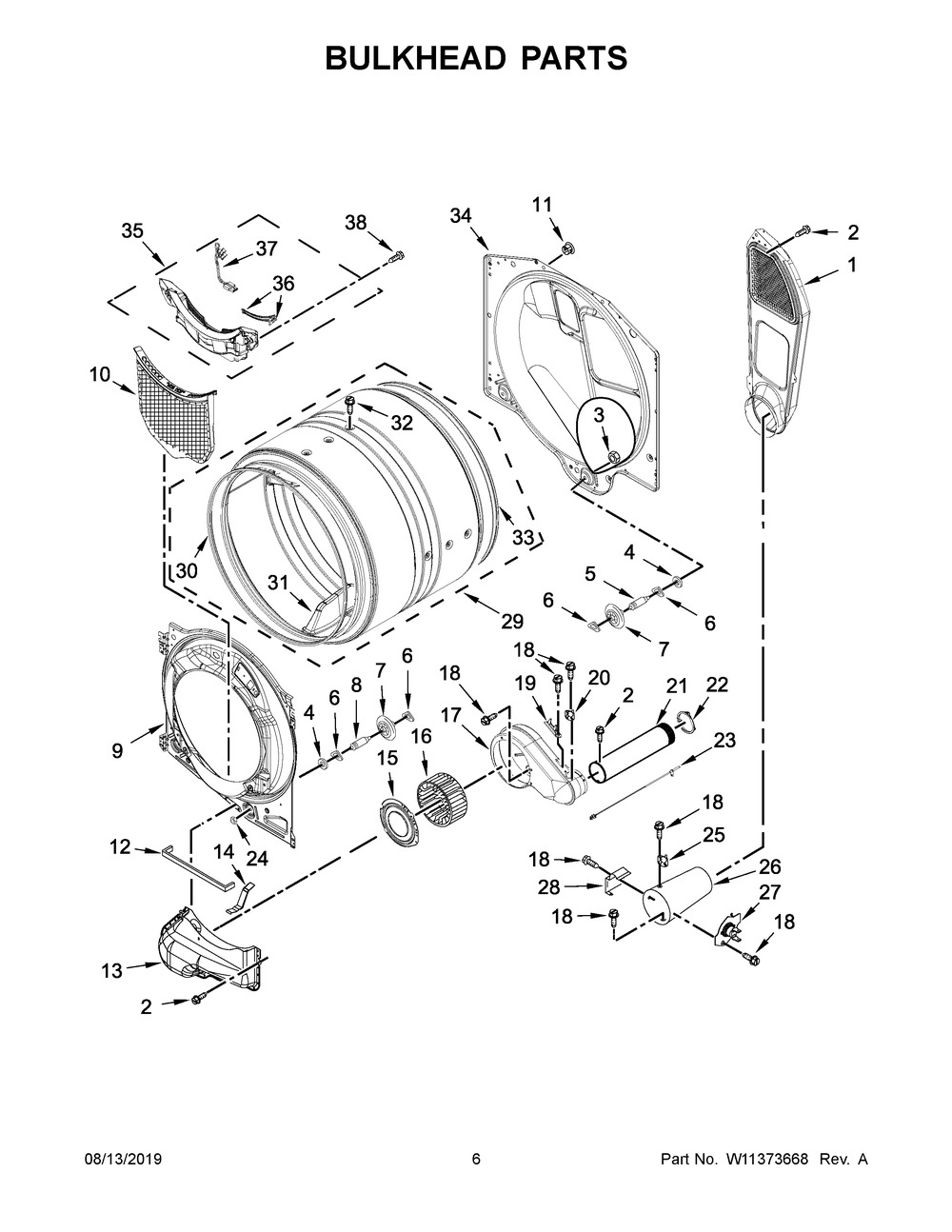 Bulkhead Parts Diagram and Parts List for 7MWGD5622HW1  Whirlpool Dryer