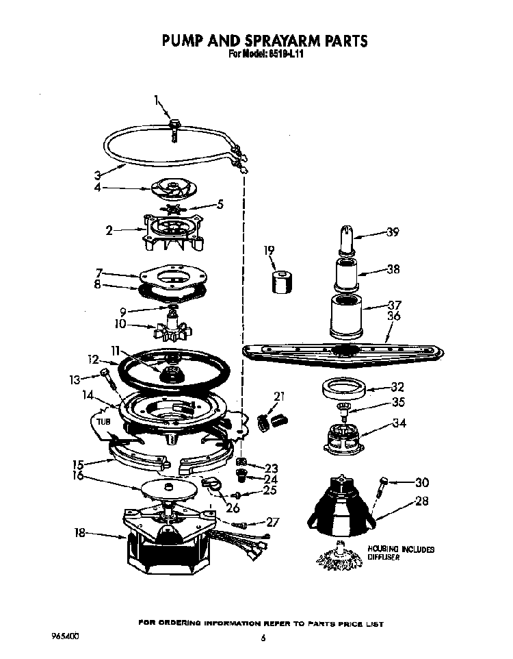 Pump And Sprayarm Diagram and Parts List for 8519L11  Roper Dishwasher