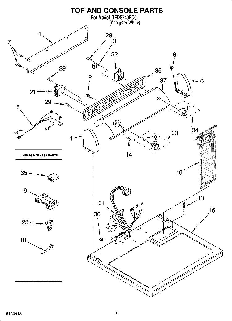 TOP AND CONSOLE PARTS Diagram and Parts List for TEDS740PQ0  Estate Dryer