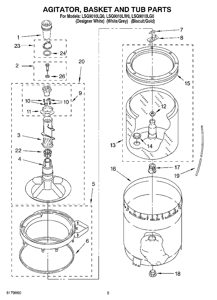 AGITATOR, BASKET AND TUB Diagram and Parts List for LSQ9010LW0  Whirlpool Washer
