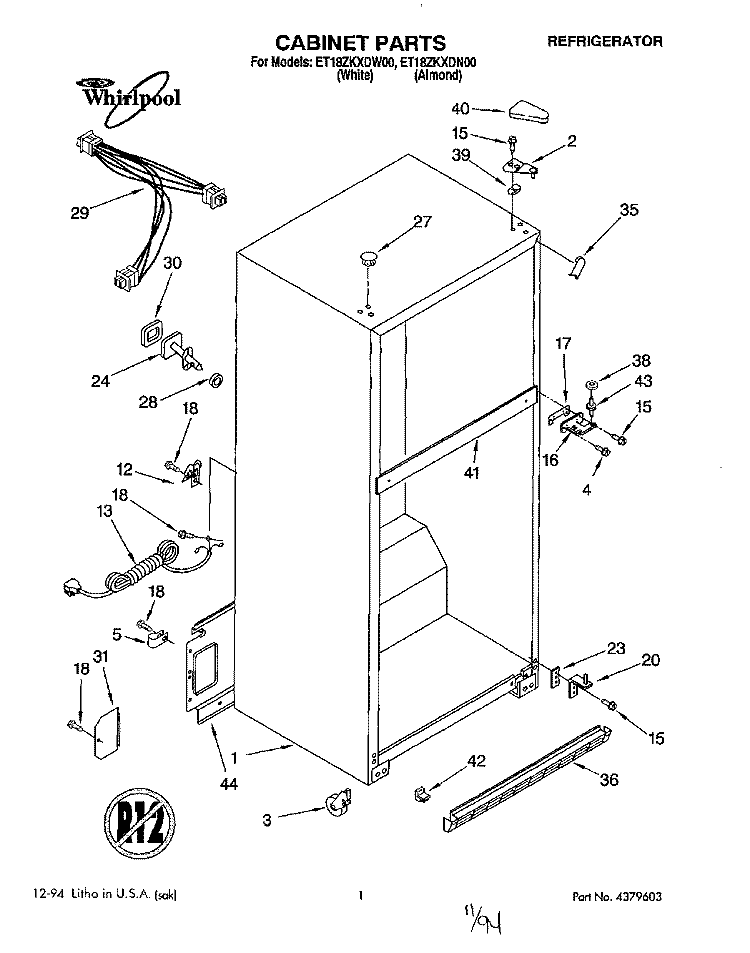 CABINET Diagram and Parts List for ET18ZKXDW00  Whirlpool Refrigerator