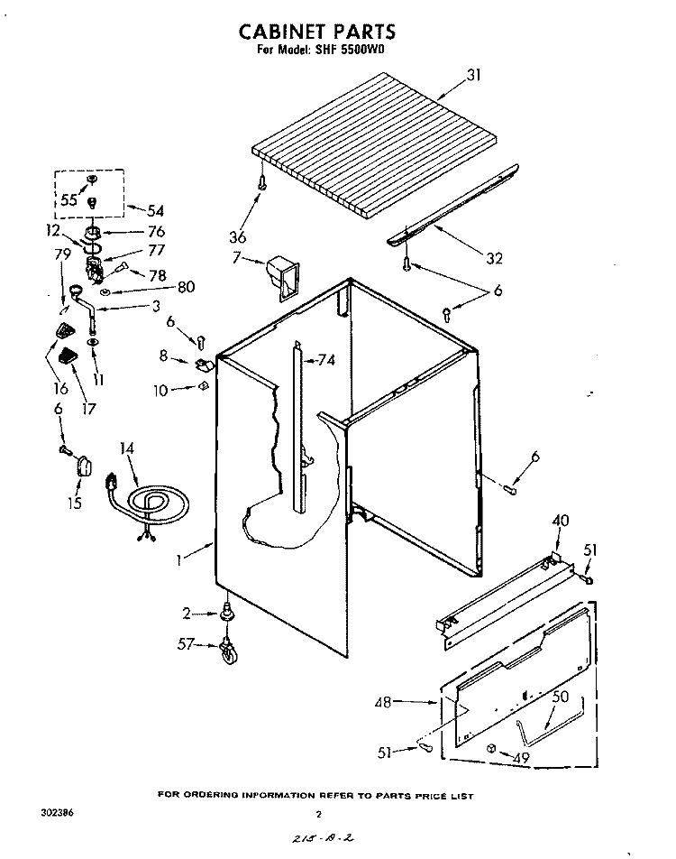 CABINET Diagram and Parts List for SHF5500W0  Whirlpool Dishwasher