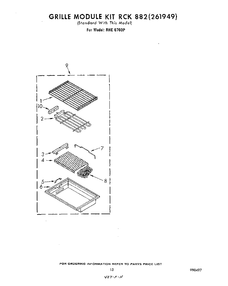 GRILLE RCK 882 (261949) Diagram and Parts List for RHE6760P  Whirlpool Range