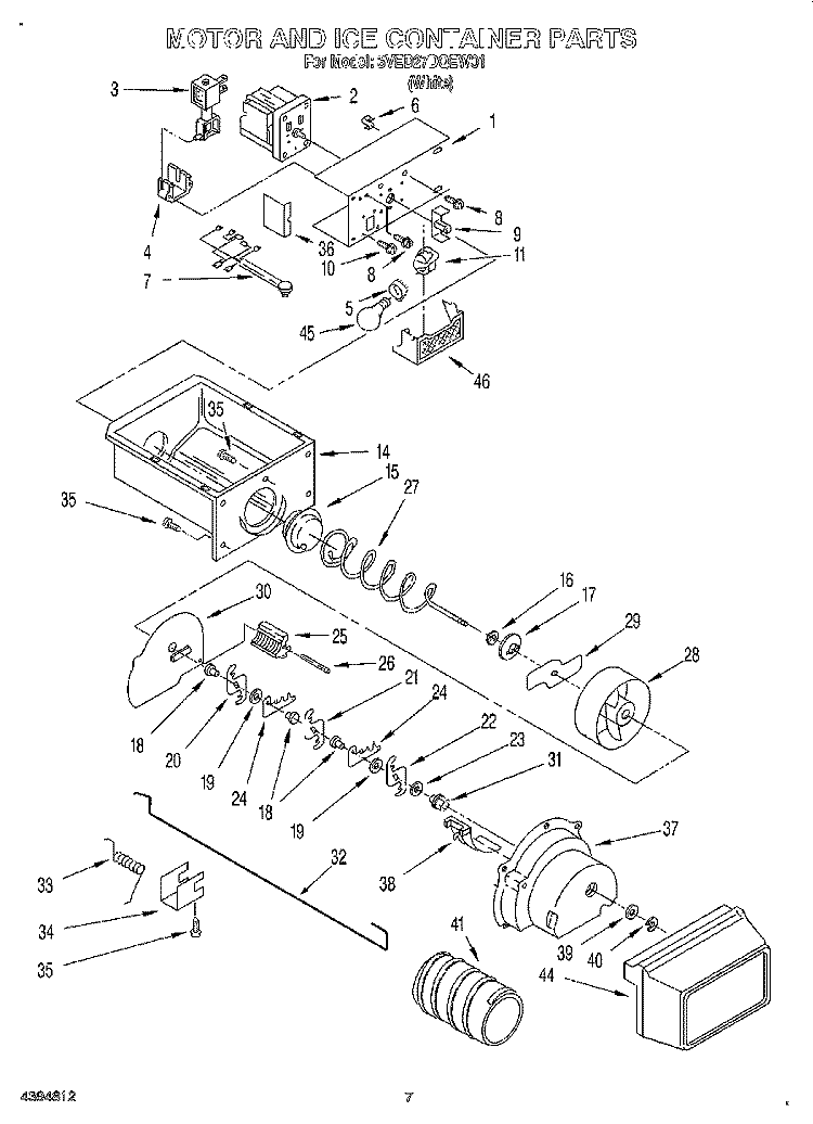 MOTOR AND ICE CONTAINER Diagram and Parts List for 3VED27DQEW01  Whirlpool Refrigerator