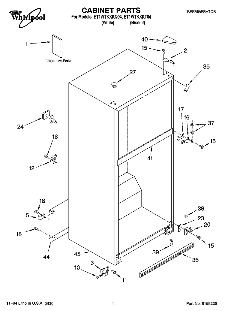 CABINET PARTS Diagram and Parts List for ET1WTKXKQ04  Whirlpool Refrigerator