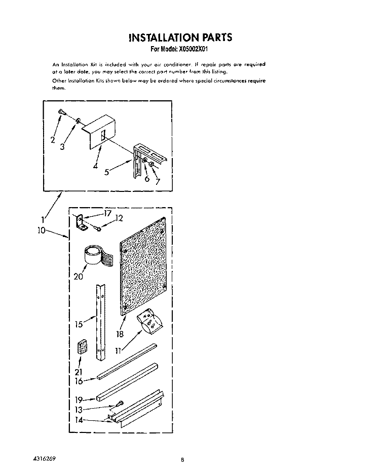 INSTALLATION PARTS Diagram and Parts List for X05002X01  Roper Air Conditioner