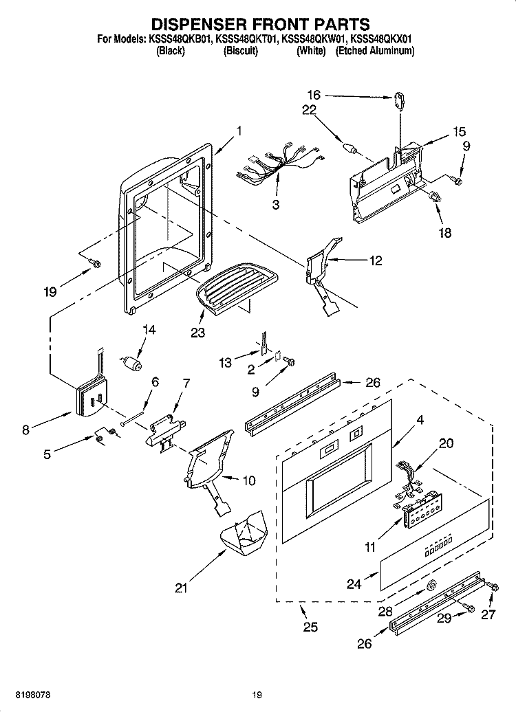 DISPENSER AND FRONT PARTS Diagram and Parts List for KSSS48QKB01  KitchenAid Refrigerator