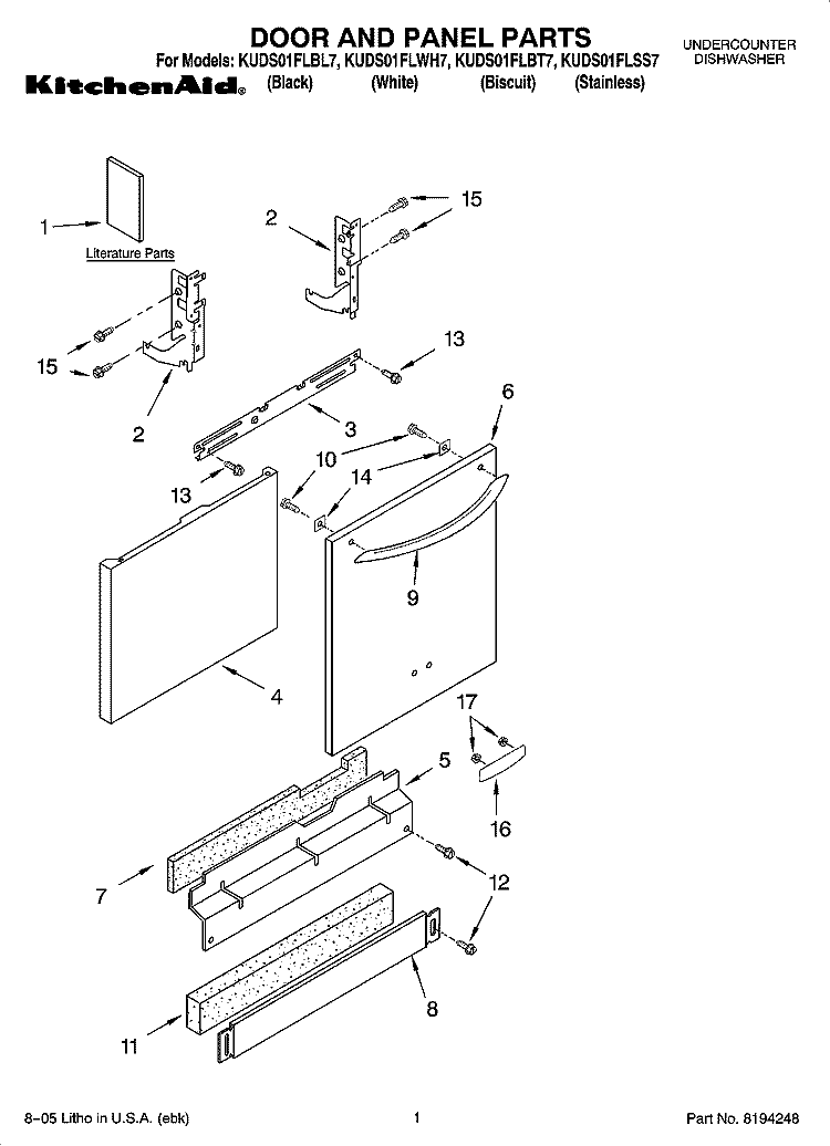 DOOR AND PANEL PARTS Diagram and Parts List for KUDS01FLBL7  KitchenAid Dishwasher