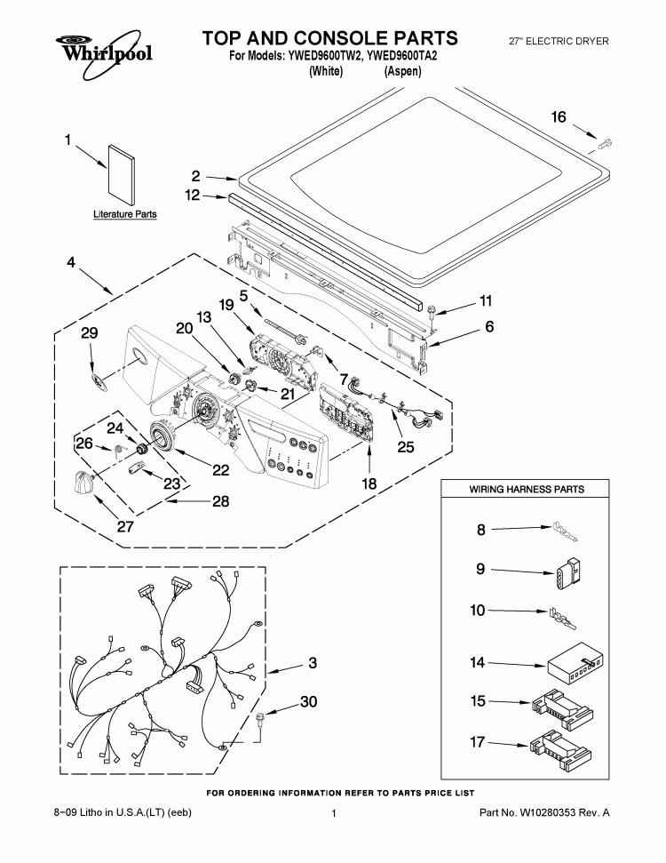 TOP AND CONSOLE PARTS Diagram and Parts List for YWED9600TA2  Whirlpool Dryer