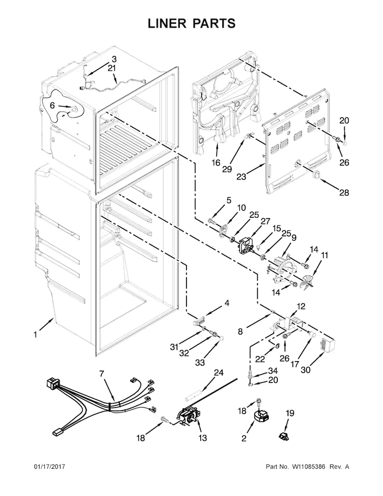 Liner Parts Diagram and Parts List for WRT111SFDW03  Whirlpool Refrigerator