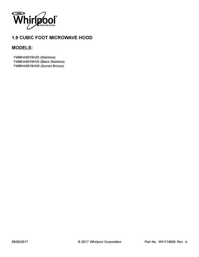 01 - Cover Sheet Diagram and Parts List for YWMHA9019HZ0  Whirlpool Microwave Oven Combo