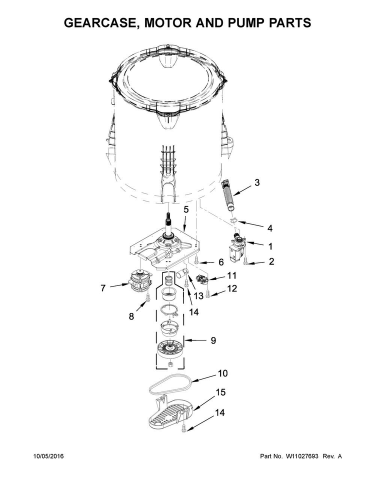 Gearcase, Motor And Pump Parts Diagram and Parts List for 4KWTW4845FW0  Whirlpool Washer