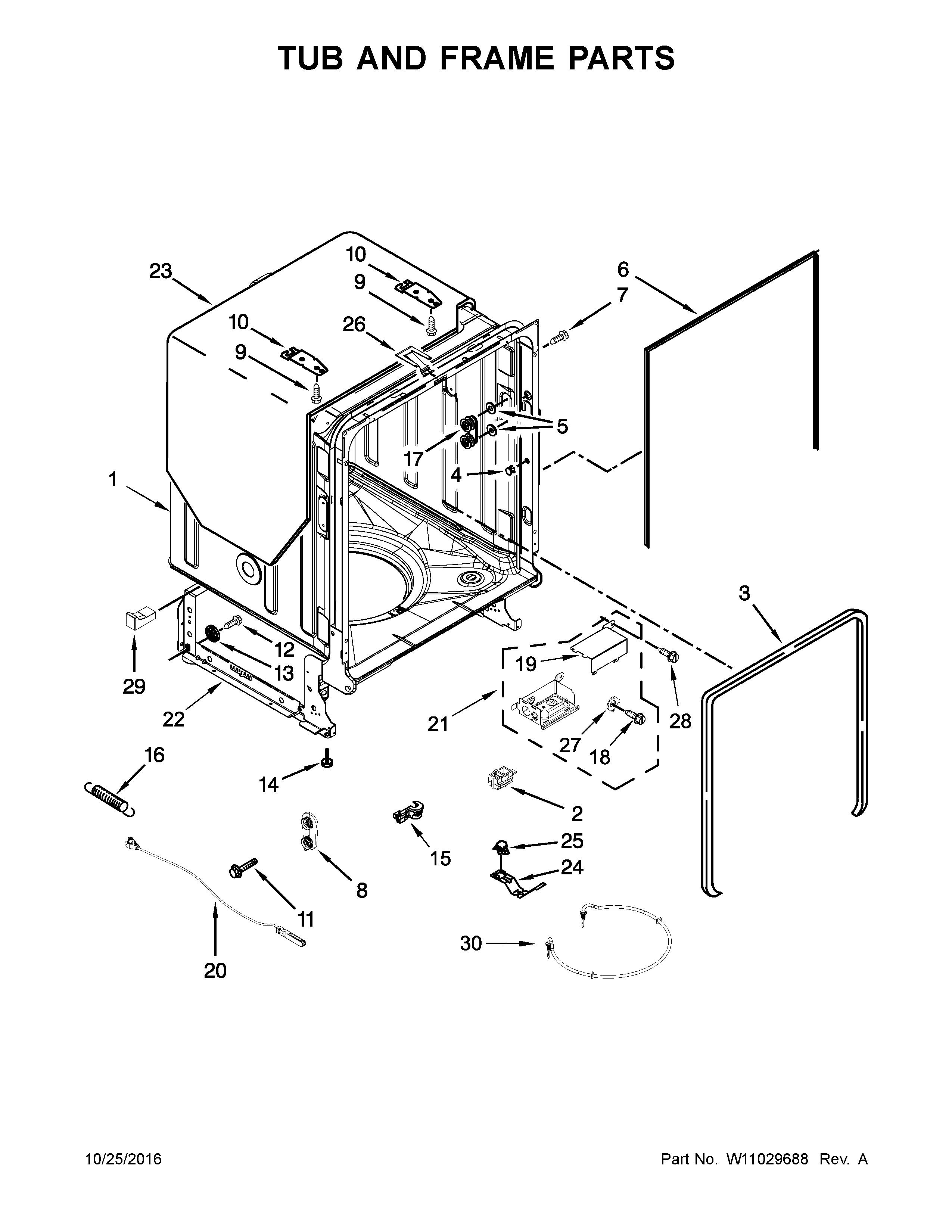 Tub And Frame Parts Diagram and Parts List for IUD8010DS3  Whirlpool Dishwasher