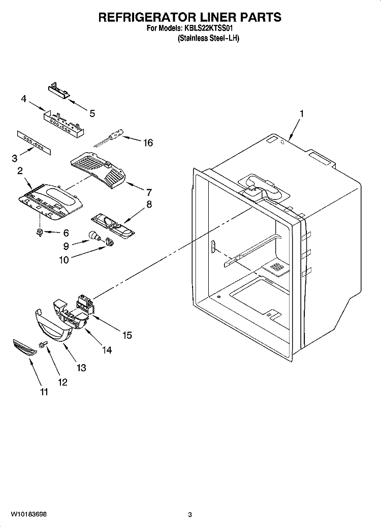 REFRIGERATOR LINER PARTS Diagram and Parts List for KBLS22KTSS01  KitchenAid Refrigerator