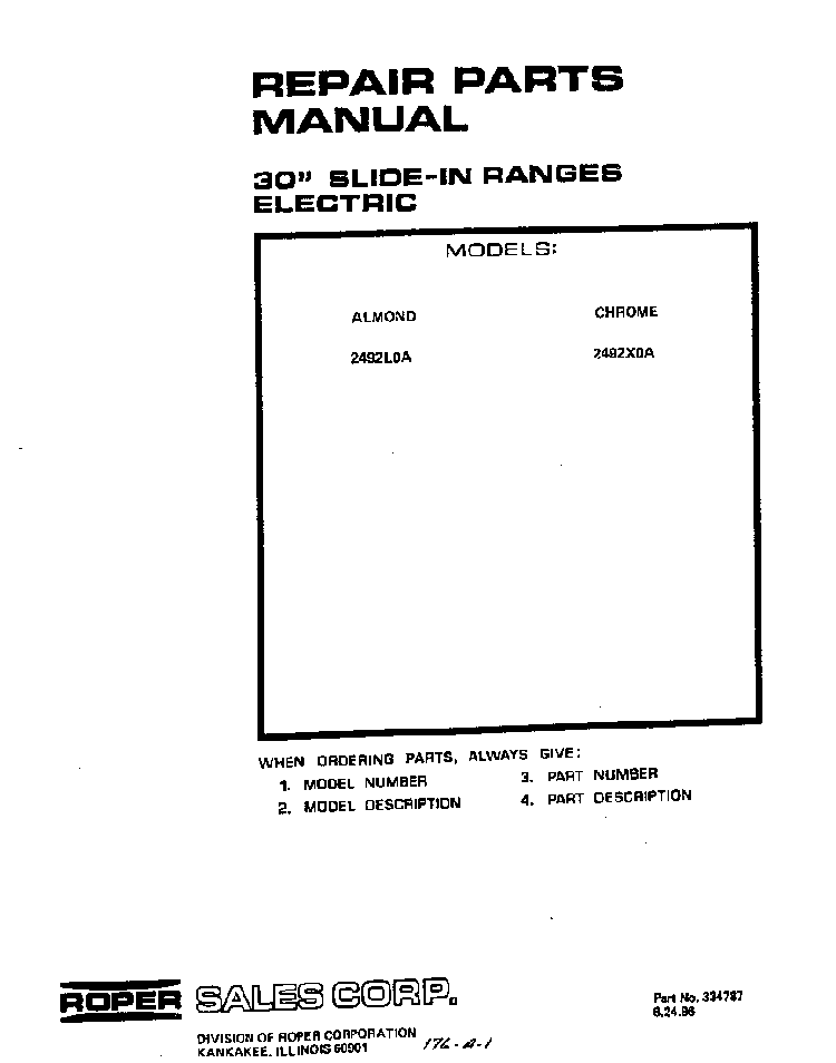 Front Cover Diagram and Parts List for 2492*0A  Roper Range