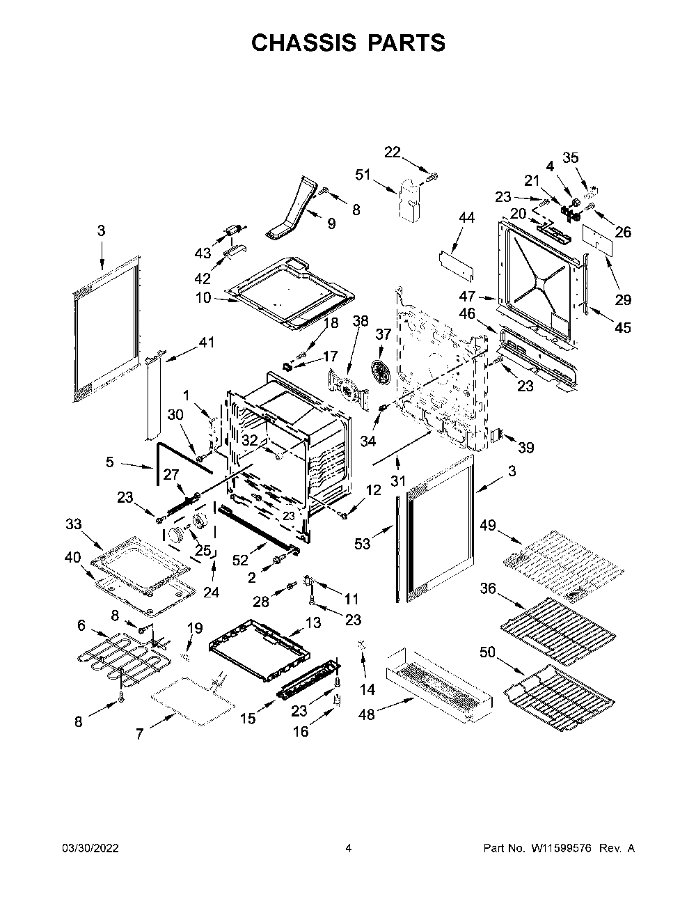 Chassis Parts Diagram and Parts List for KSEG700EBS6  KitchenAid Range