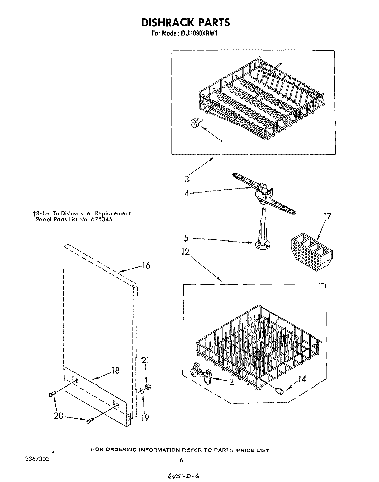 DISHRACK Diagram and Parts List for DU1098XRW1  Whirlpool Dishwasher