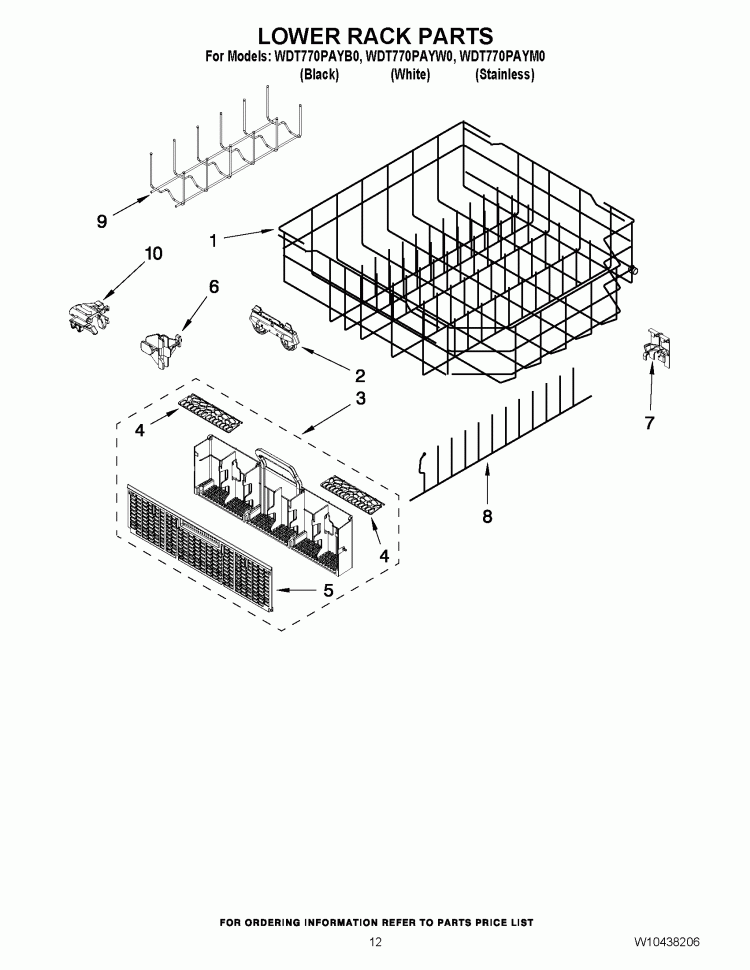 LOWER RACK PARTS Diagram and Parts List for WDT770PAYW0  Whirlpool Dishwasher