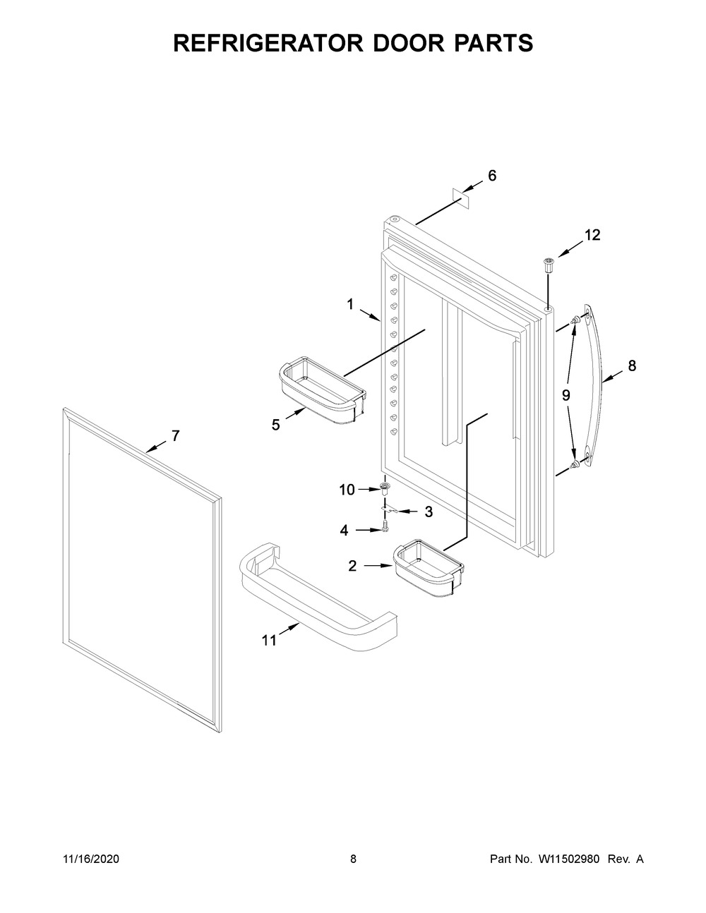 Refrigerator Door Parts Diagram and Parts List for WRB329LFBM02  Whirlpool Refrigerator