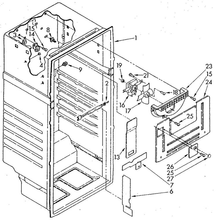 Liner Diagram and Parts List for ET18NKXSM04  Whirlpool Refrigerator