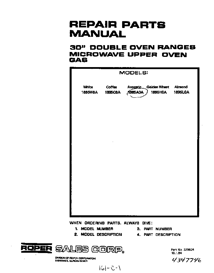 Front Cover Diagram and Parts List for 1895*0A  Roper Range