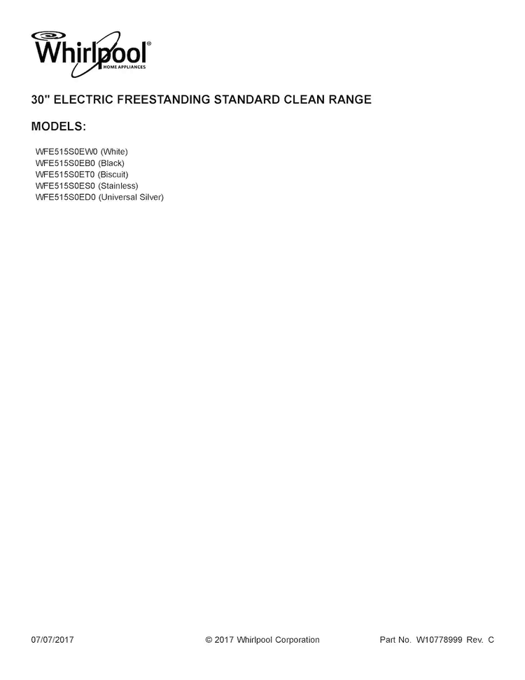 Cover Sheet Diagram and Parts List for WFE515S0ED0  Whirlpool Range