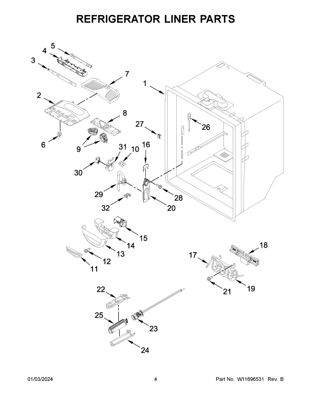 Refrigerator Liner Parts Diagram and Parts List for WRF540CWHW09  Whirlpool Refrigerator