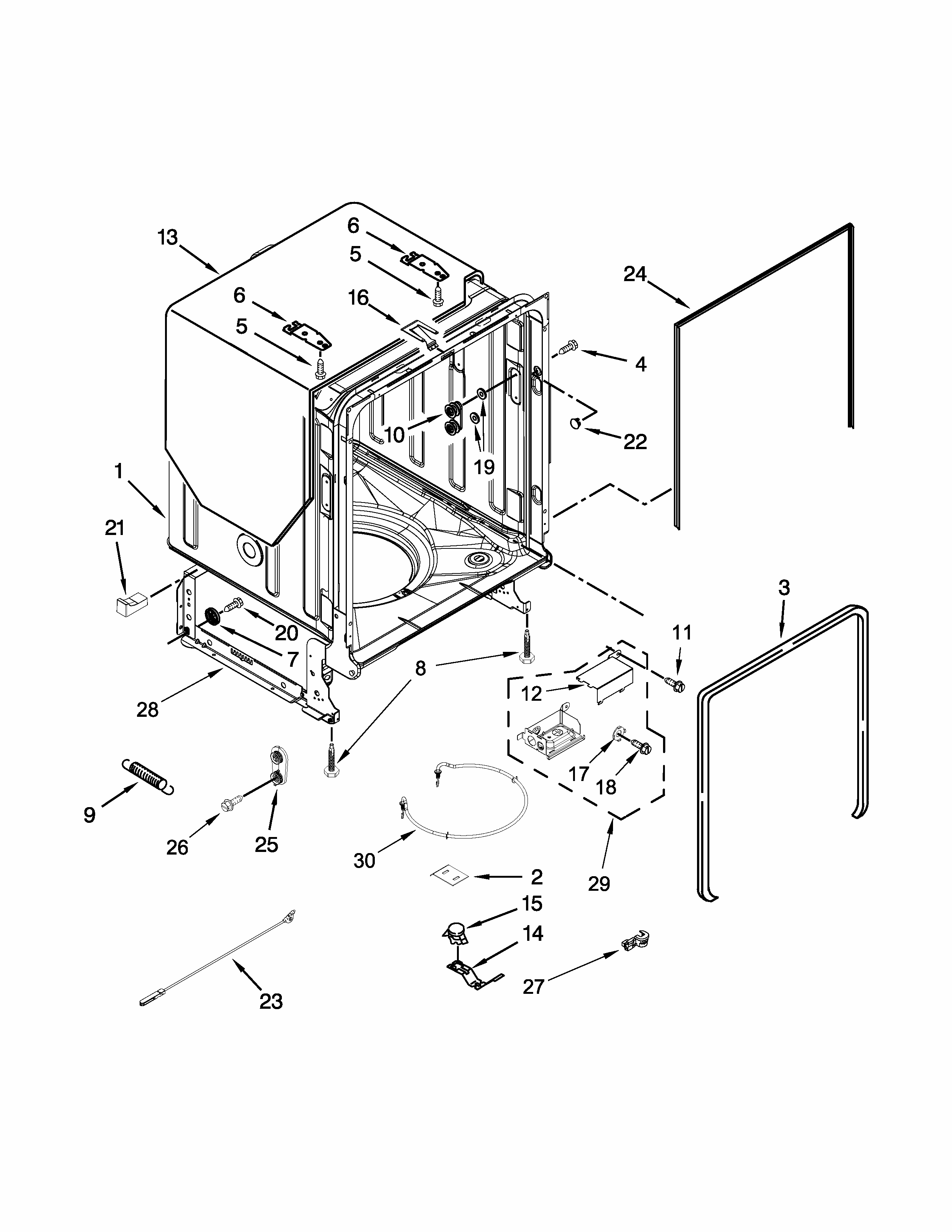 Tub And Frame Parts Diagram and Parts List for 66513699N412  Kenmore Dishwasher