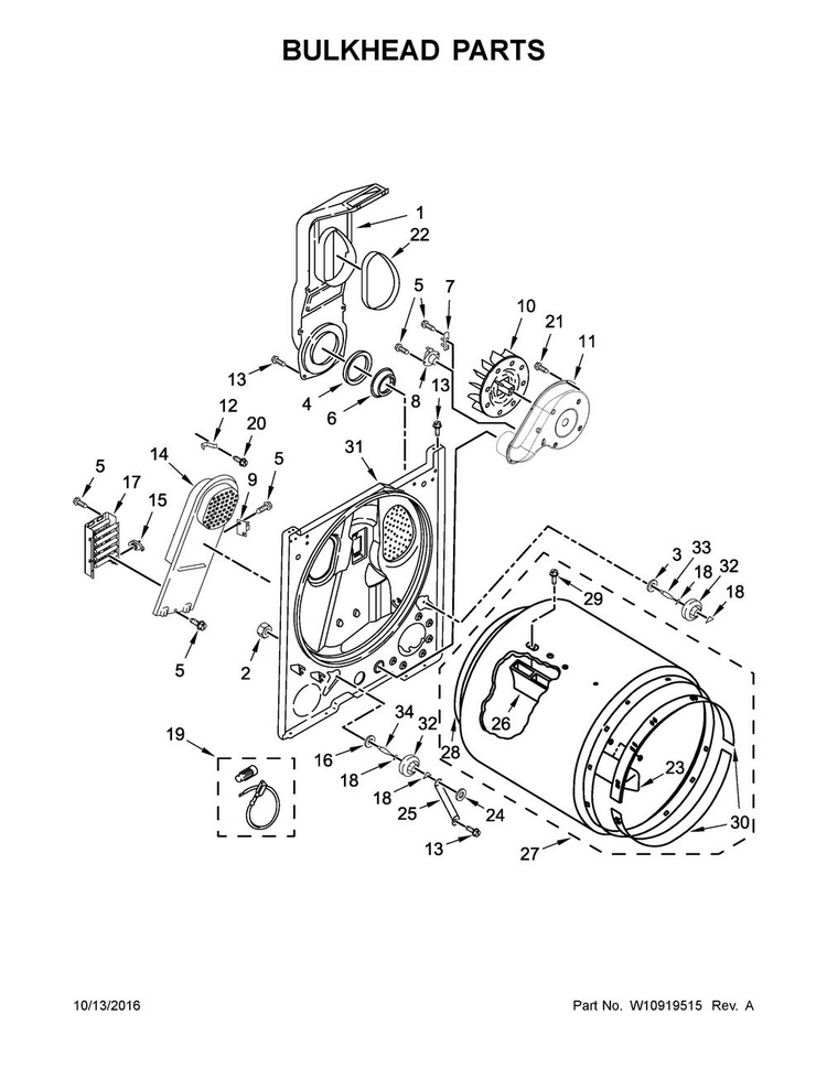 Bulkhead Parts Diagram and Parts List for 3LWED4705FW0  Whirlpool Dryer