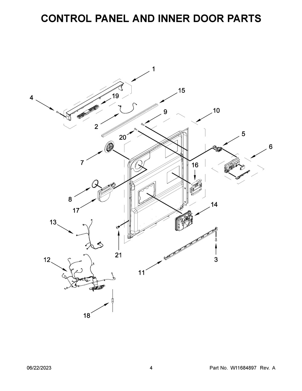 Control Panel And Inner Door Parts Diagram and Parts List for WDT970SAKZ2  Whirlpool Dishwasher