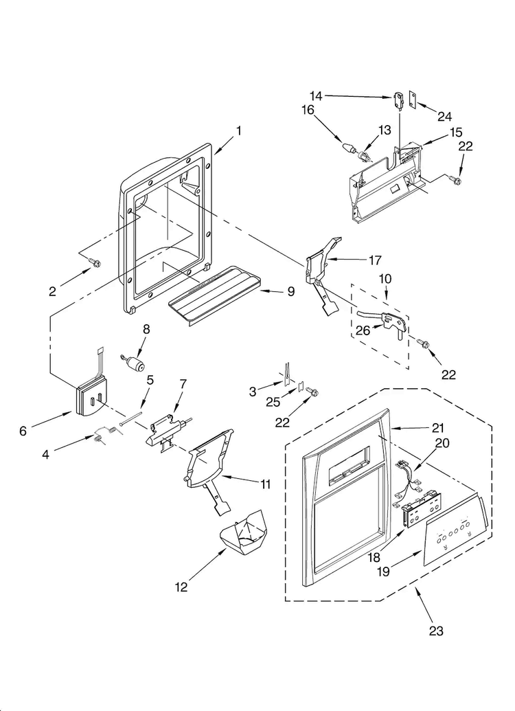 Dispenser Front Parts Diagram and Parts List for ED5LHGXNT00  Whirlpool Refrigerator