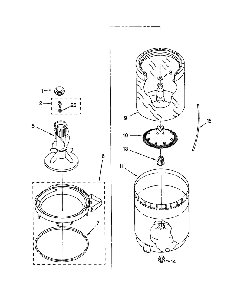 Agitator, Basket And Tub Diagram and Parts List for LSR5132JQ1  Whirlpool Washer