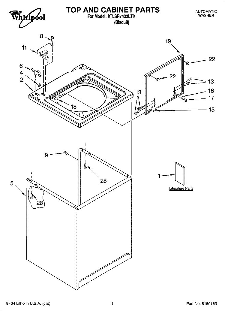 TOP AND CABINET PARTS Diagram and Parts List for 8TLSR7432LT0  Whirlpool Washer