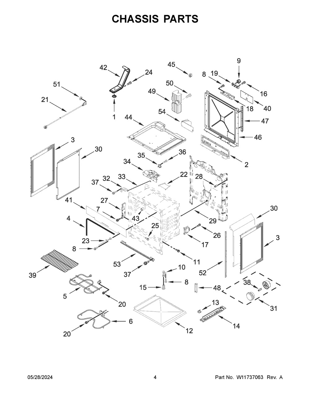 Chassis Parts Diagram and Parts List for YWEE515S0LS3  Whirlpool Range