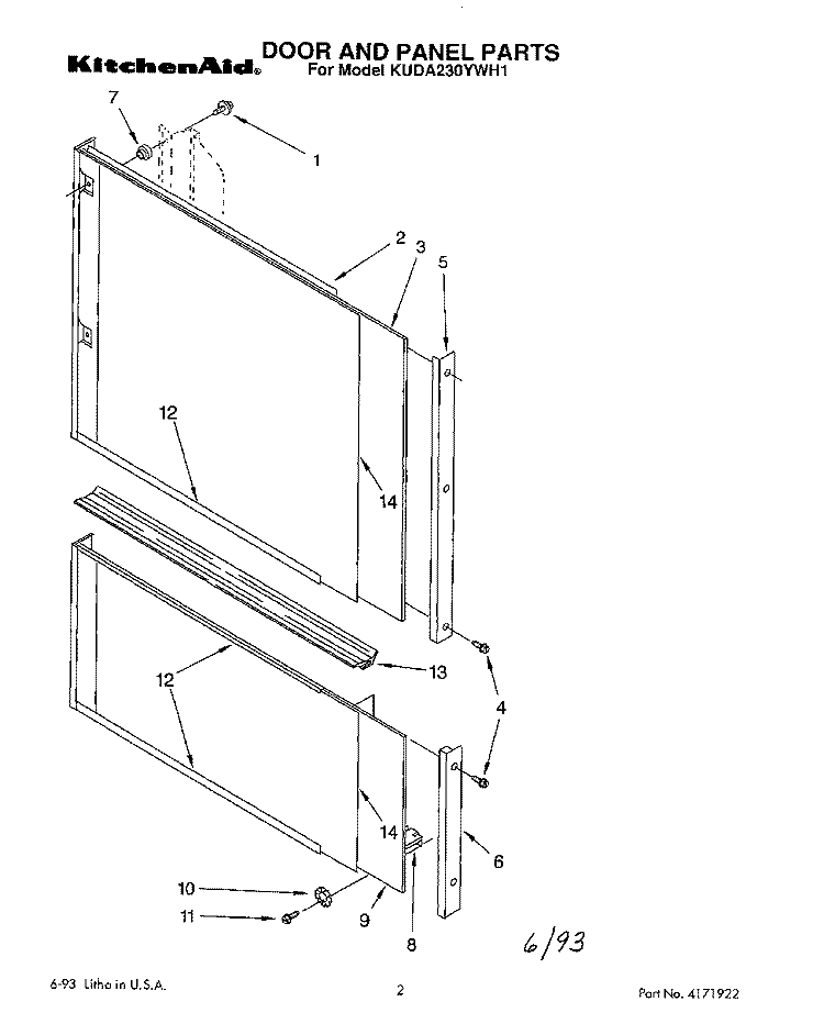 DOOR AND PANEL Diagram and Parts List for KUDA230YWH1  KitchenAid Dishwasher