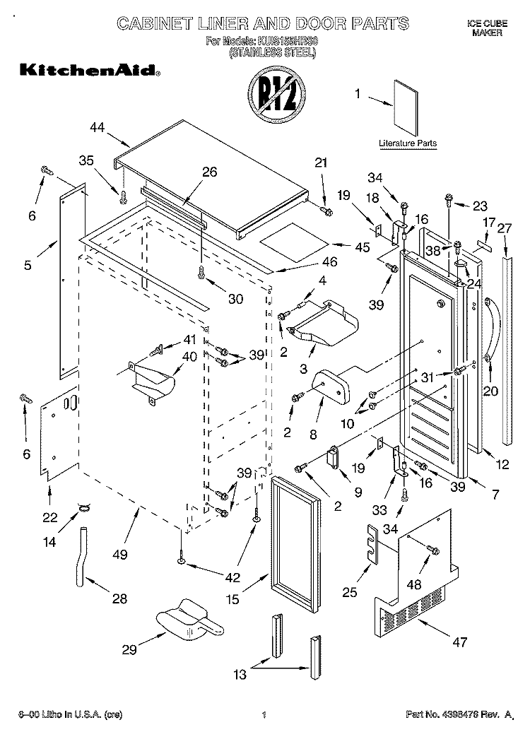 CABINET LINER AND DOOR, LITERATURE Diagram and Parts List for KUIS155HRS0  KitchenAid Ice Maker