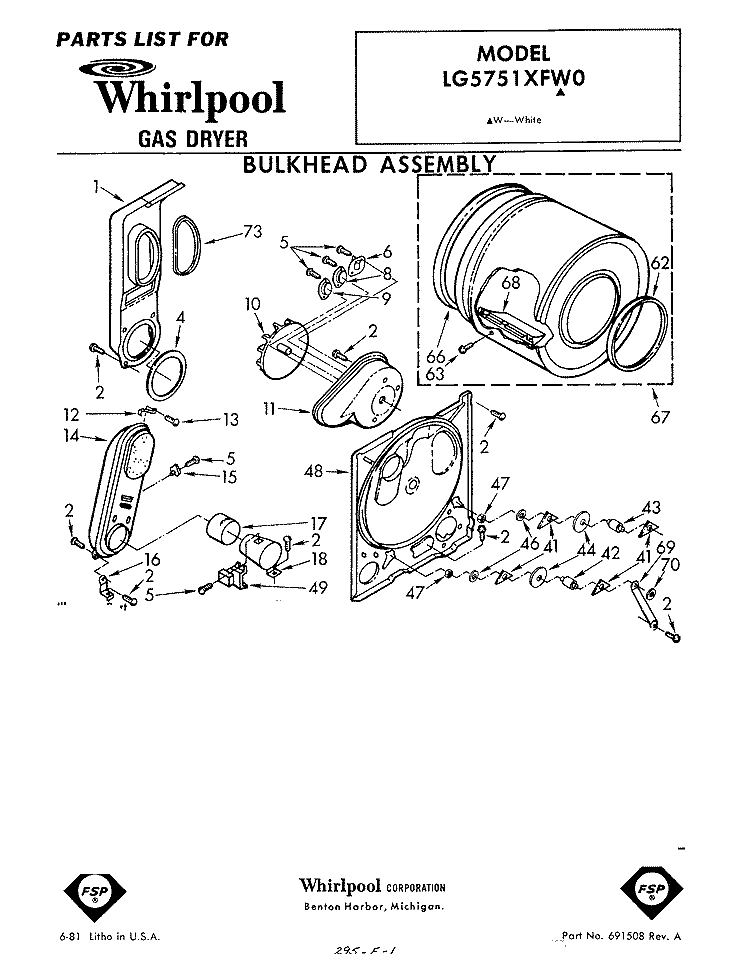 BULKHEAD Diagram and Parts List for LG5751XFW0  Whirlpool Dryer