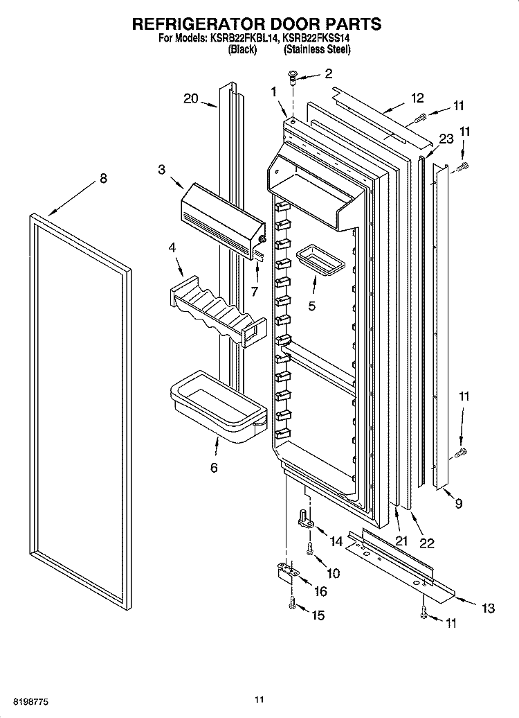 REFRIGERATOR DOOR PARTS Diagram and Parts List for KSRB22FKSS14  KitchenAid Refrigerator