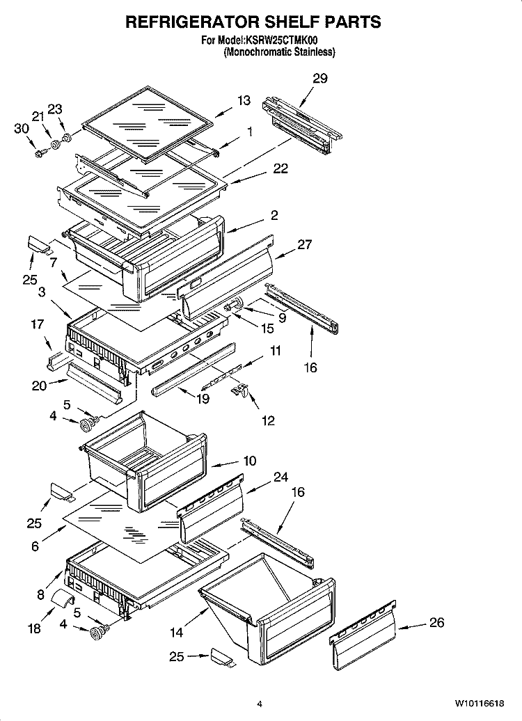 REFRIGERATOR SHELF PARTS Diagram and Parts List for KSRW25CTMK00  KitchenAid Refrigerator