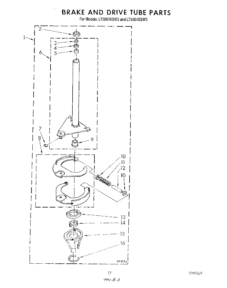 BRAKE AND DRIVE TUBE Diagram and Parts List for LT5000XSW3  Whirlpool Washer Dryer Combo
