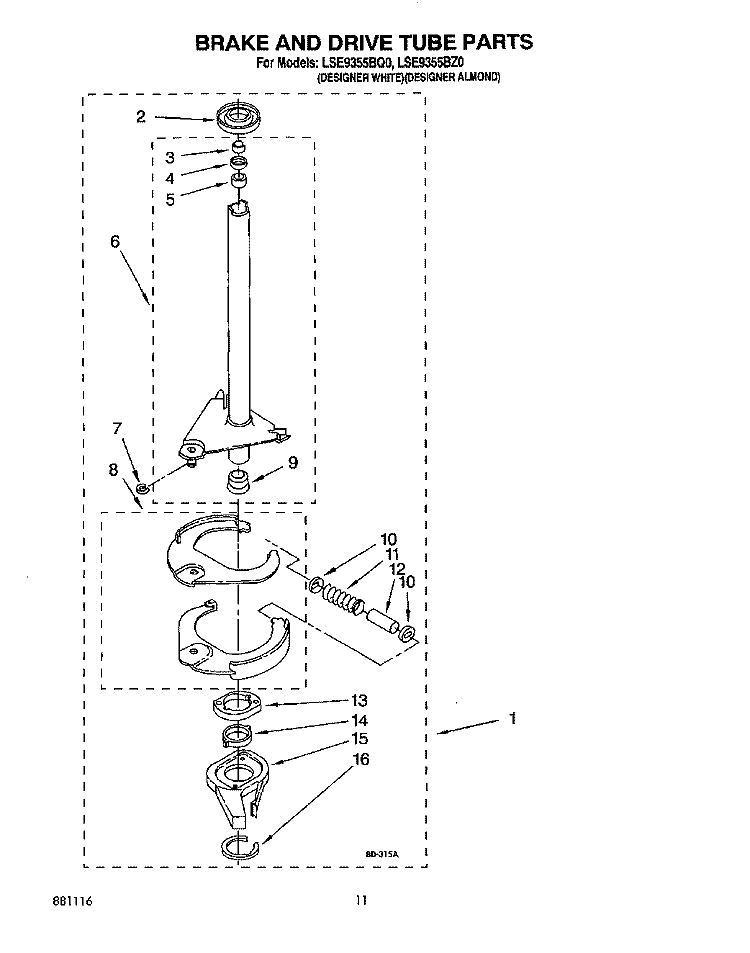 BRAKE AND DRIVE TUBE Diagram and Parts List for LSE9355BQ0  Whirlpool Washer
