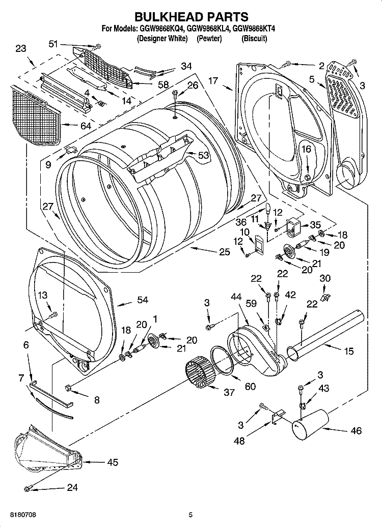 BULKHEAD PARTS Diagram and Parts List for GGW9868KL4  Whirlpool Dryer