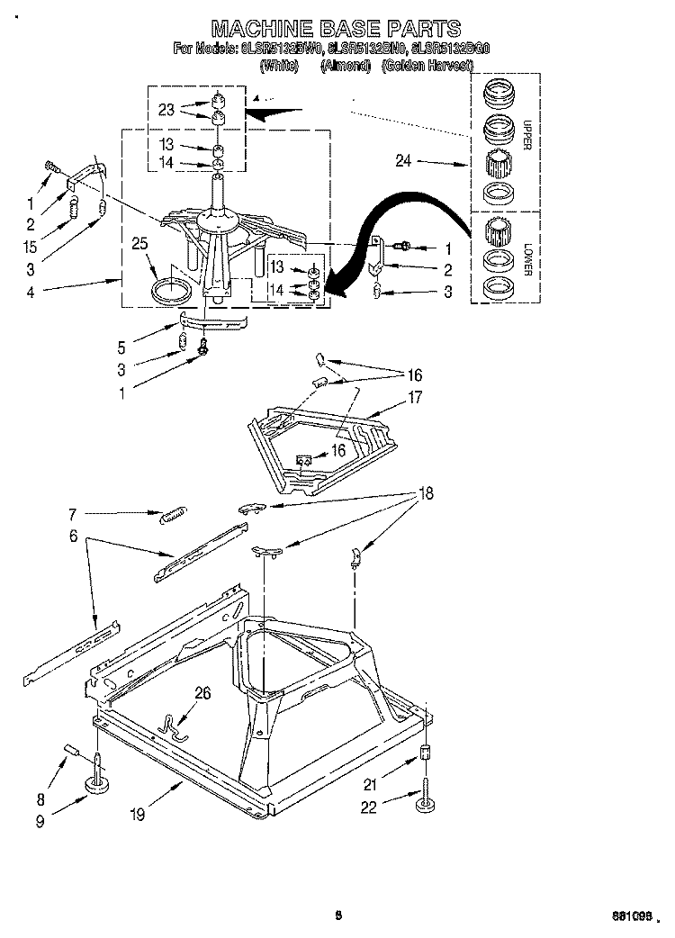 MACHINE BASE Diagram and Parts List for 8LSR5132BG0  Whirlpool Washer
