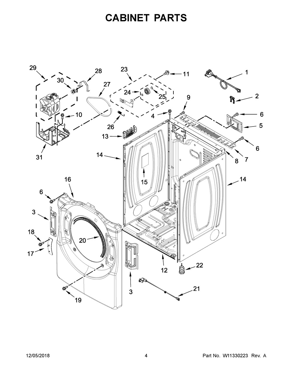 Cabinet Parts Diagram and Parts List for YIED5900HW0  Whirlpool Dryer