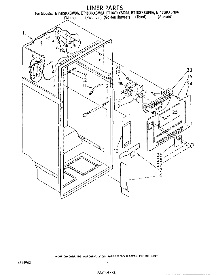 LINER Diagram and Parts List for ET18GKXSW0A  Whirlpool Refrigerator